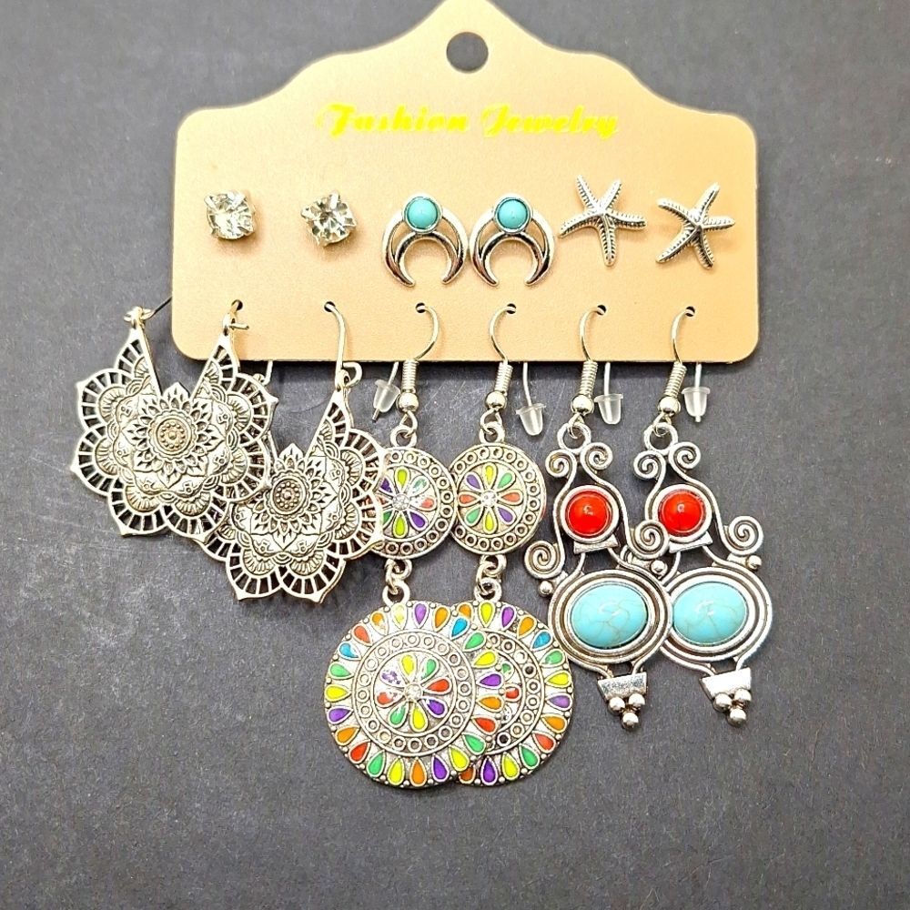 silver turquoise, red mandala starfish earrings
